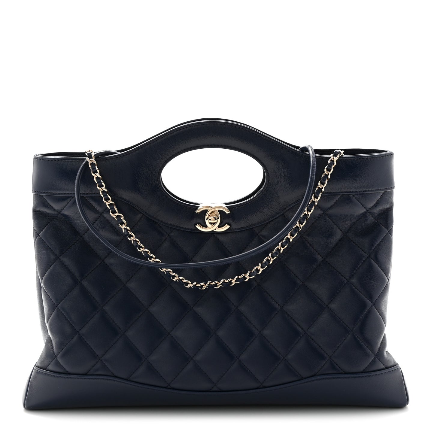 Shiny Lambskin Quilted 31 Shopping Bag Navy