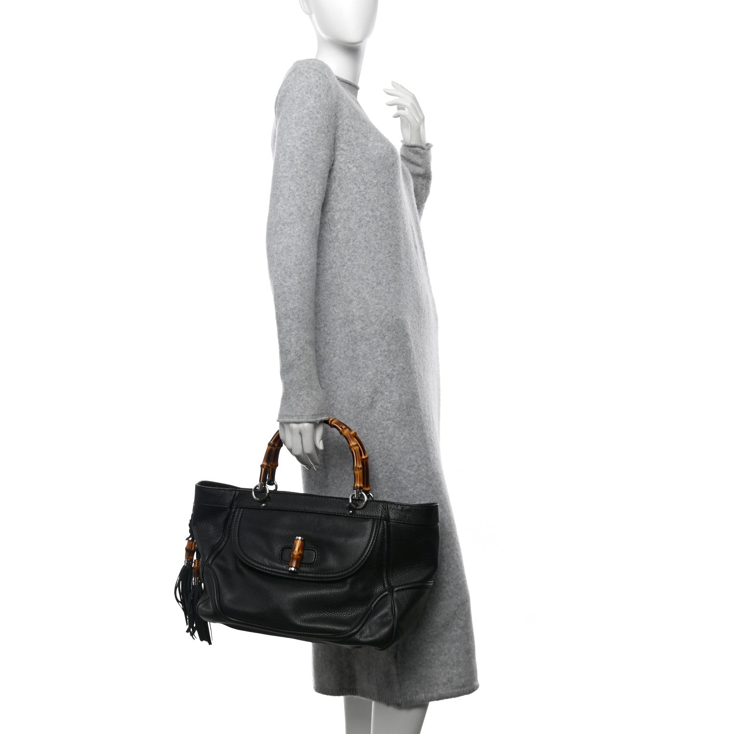 Gucci Calfskin New Bamboo Medium Tassel Tote Black 2 of 13