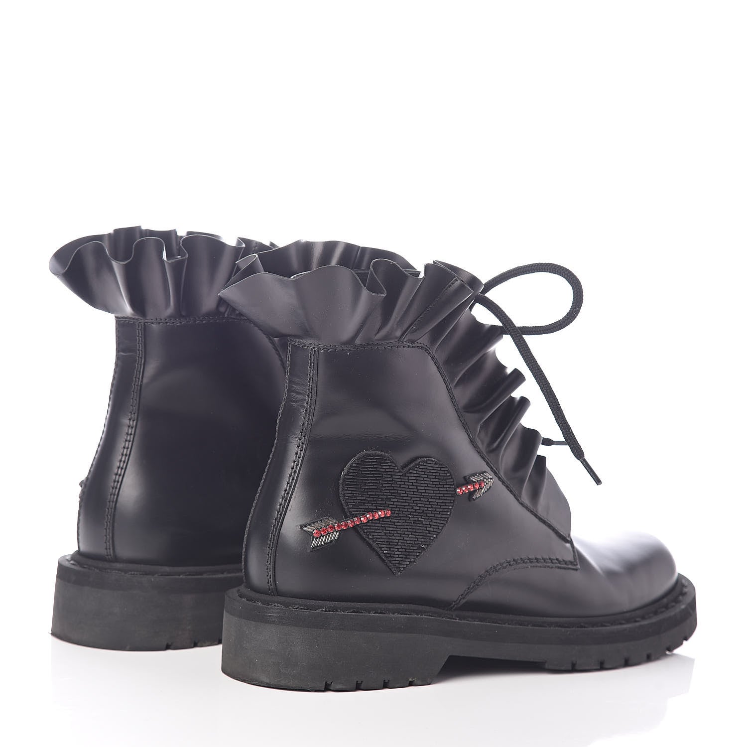 Valentino Garavani Calfskin Ruffle Heart Love Combat Boots 36 Black 4 of 8
