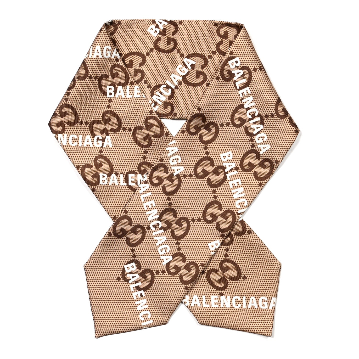 Gucci X BALENCIAGA Silk Twill Maxi GG Monogram GG B Neck Bow Scarf Beige White 1 of 3