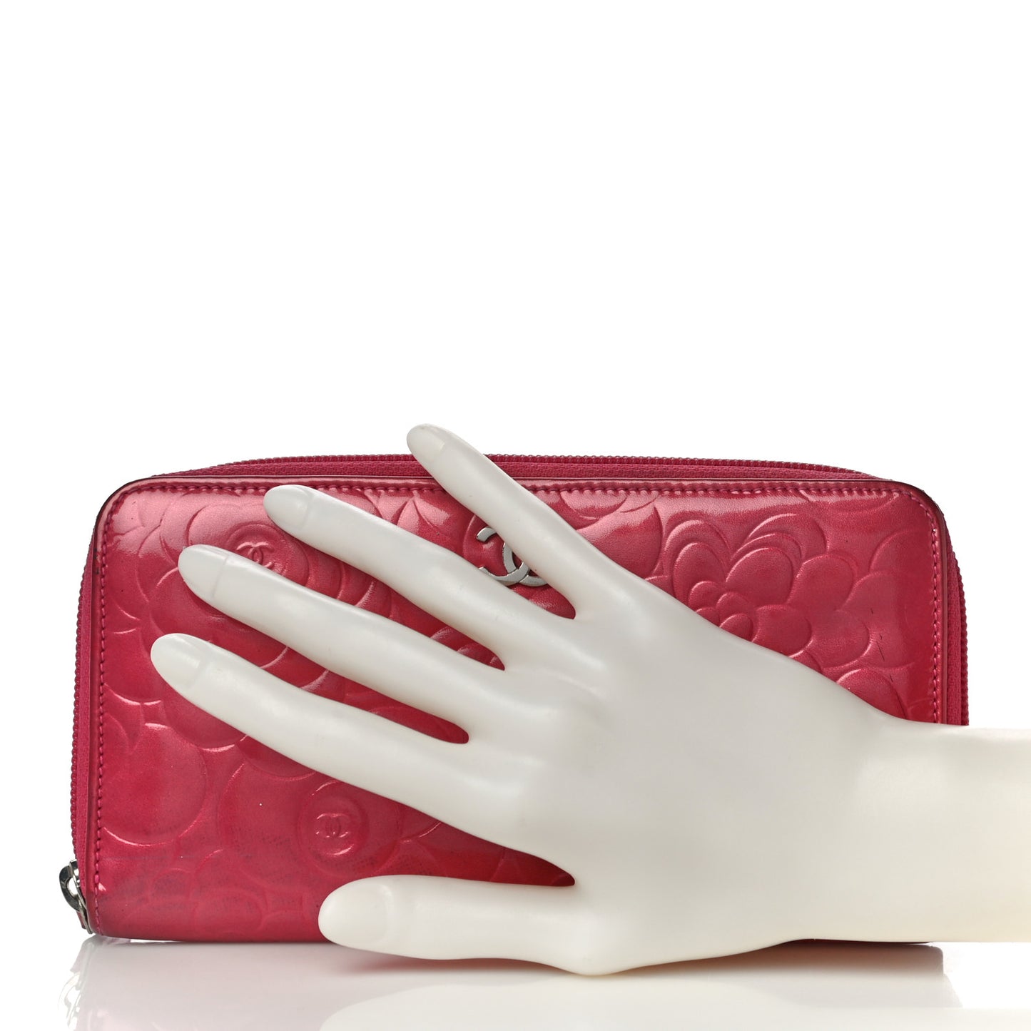 Patent Camellia Embossed Large Gusset Zip Around Wallet Pink