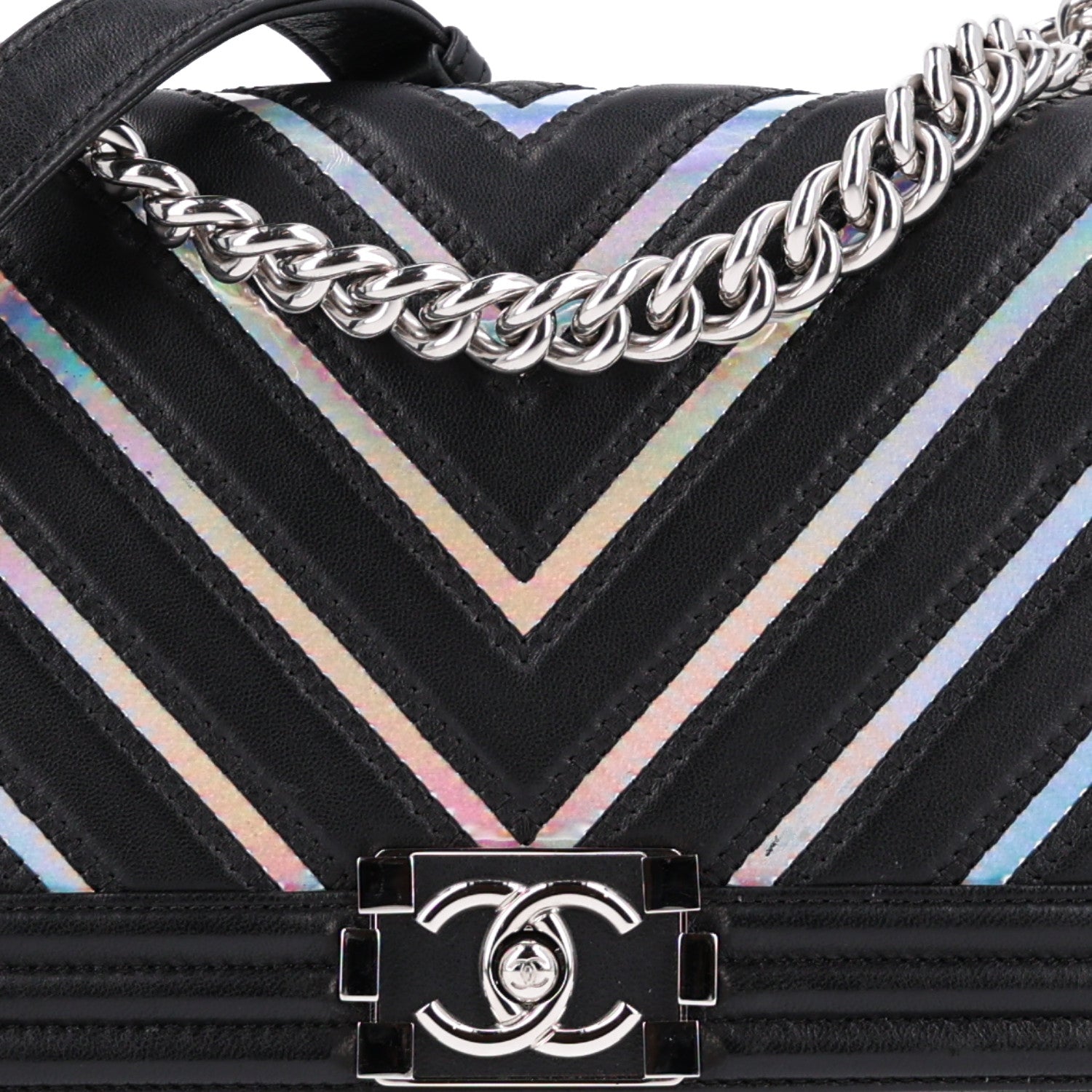 Chanel Lambskin Iridescent PVC Chevron Quilted Medium Boy Flap Black Silver 8 of 10