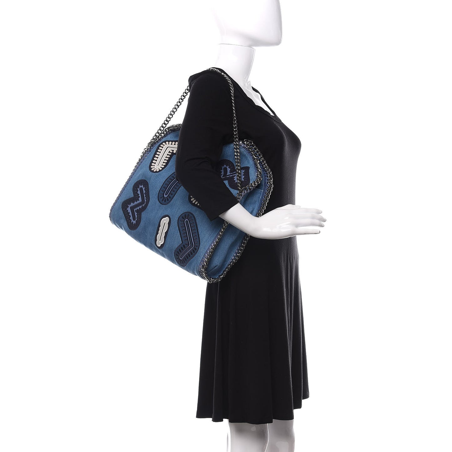 Eco Denim Embroidered Zigarette Falabella Fold Over Tote Blue