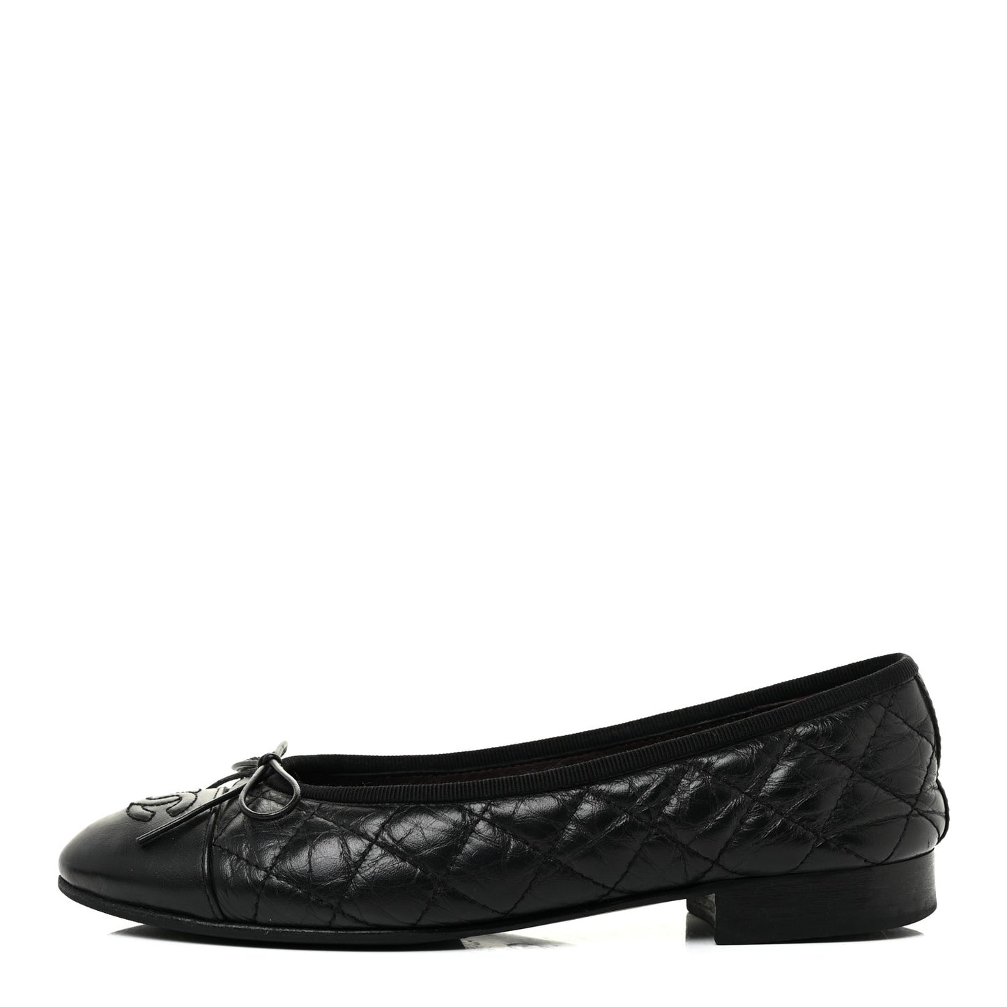 Aged Calfskin Quilted Cap Toe Ballerina Flats 35.5 Black