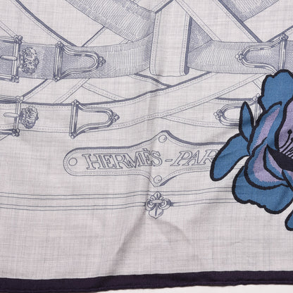 Hermes Cashmere Silk Cavalcadour Shawl 140 Gris Chine Juane Marine 3 of 6