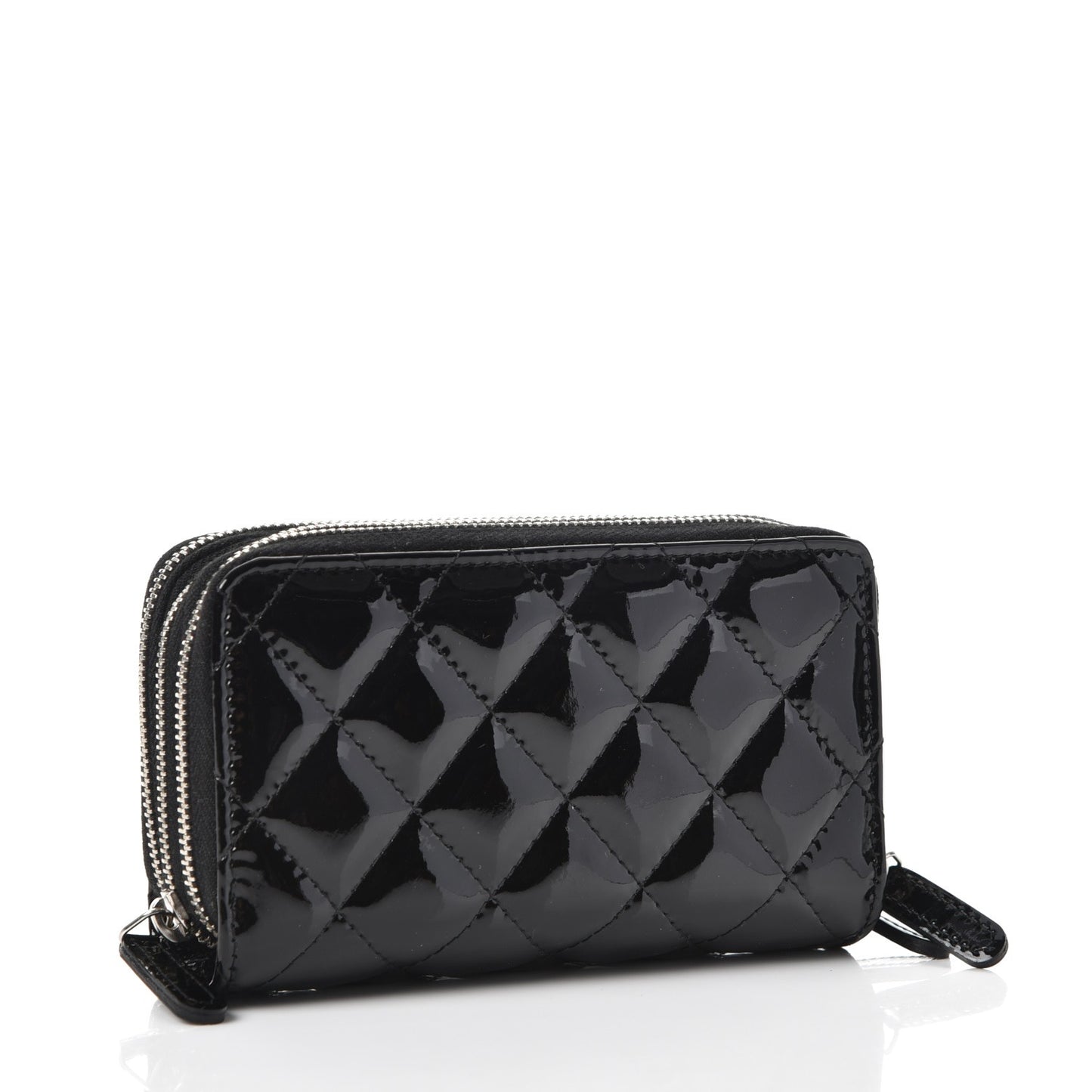 Patent Calfskin Quilted Zip Around Phone Holder Black