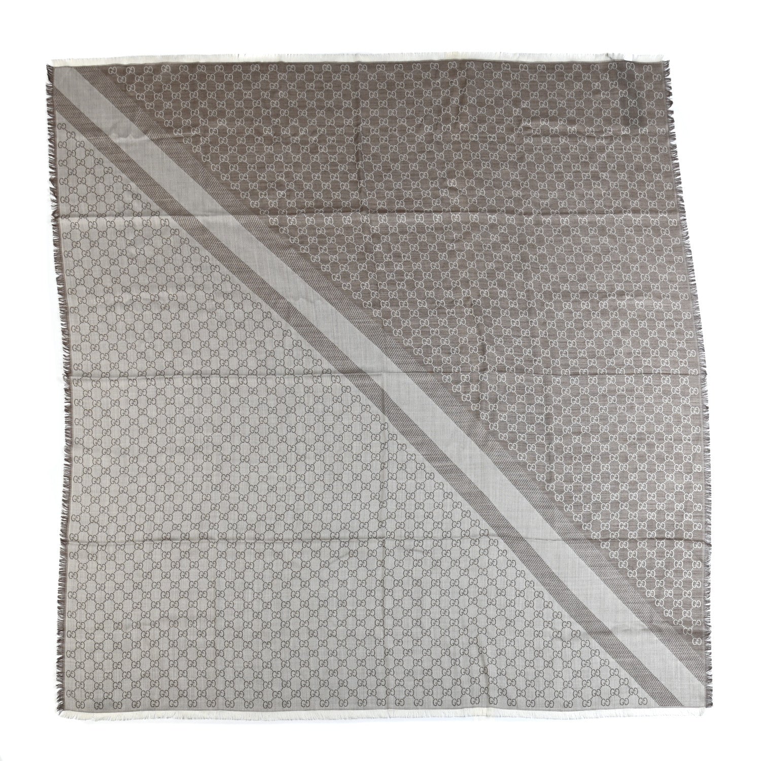 Gucci Wool Silk Monogram GGWeb Fringe Shawl Bitume Ivory 1 of 3