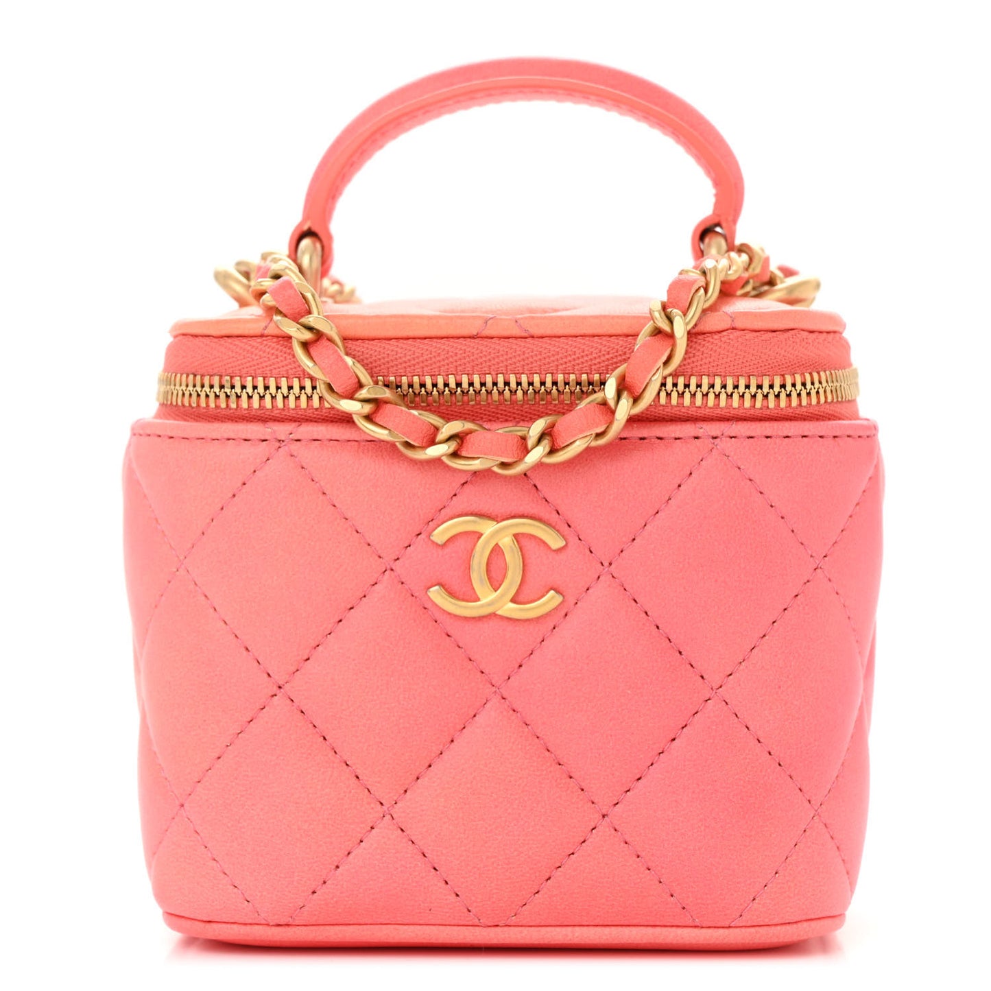 Lambskin Quilted Ombre Top Handle Mini Vanity Case With Chain Coral