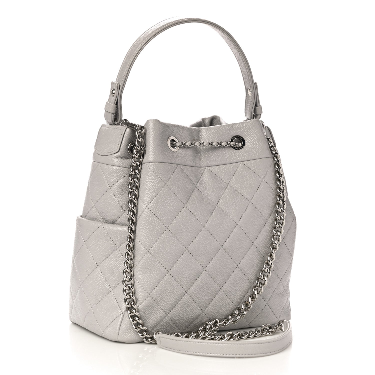 Chanel Caviar Flat Quilted CC Chain Bucket Drawstring Bag Light Grey 3 of 10