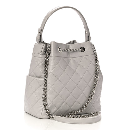 Chanel Caviar Flat Quilted CC Chain Bucket Drawstring Bag Light Grey 3 of 10