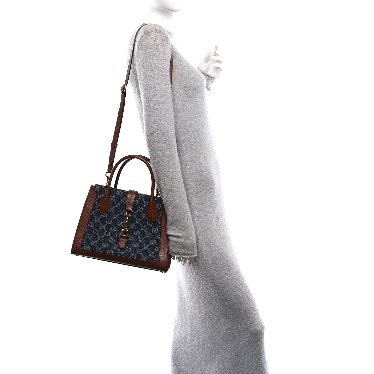 Gucci New Denim GG Monogram Dollar Calfskin Medium Jackie 1961 Tote Blue Tea Cuir Epilog 2 of 10