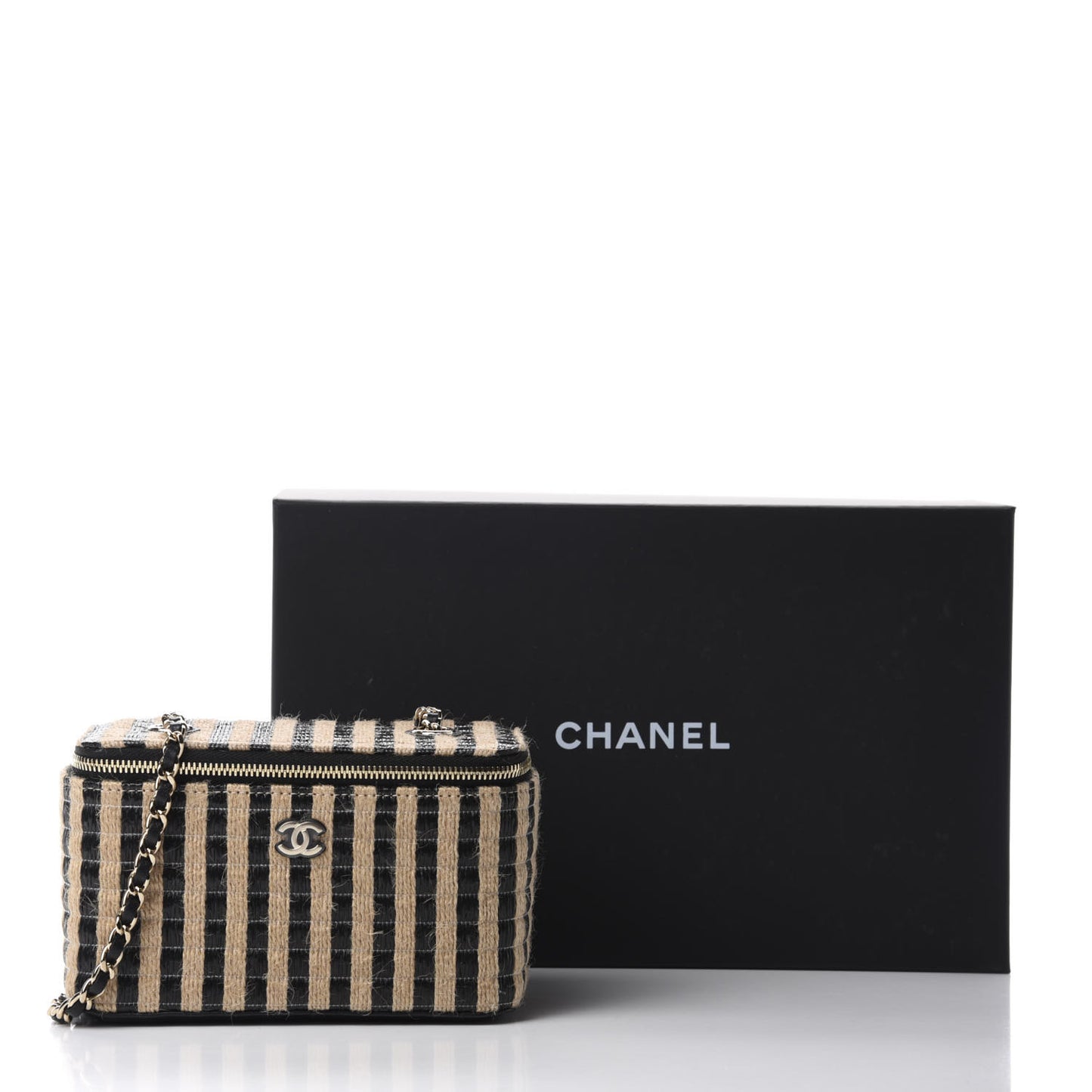 Raffia Jute Striped Small Vanity Case With Chain Black Beige