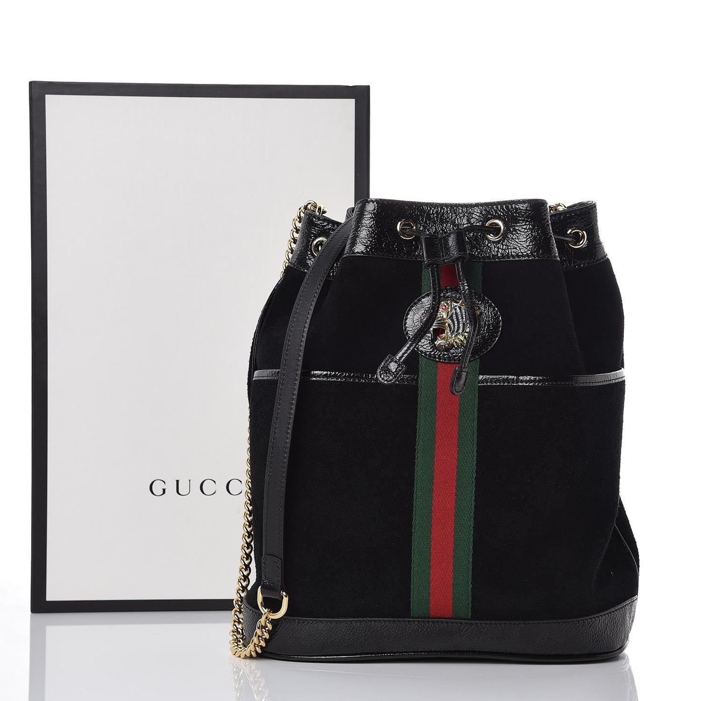 Suede Patent Web Medium Rajah Bucket Bag Black