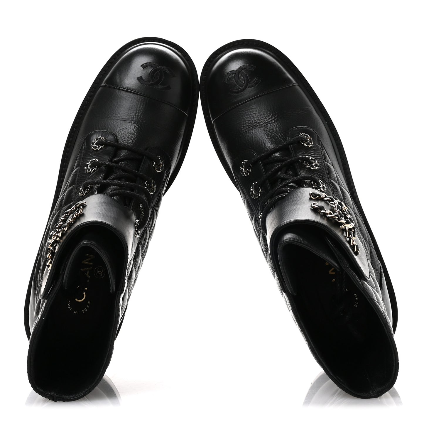 Shiny Goatskin Calfskin Quilted Lace Up Combat Boots 40.5 Black