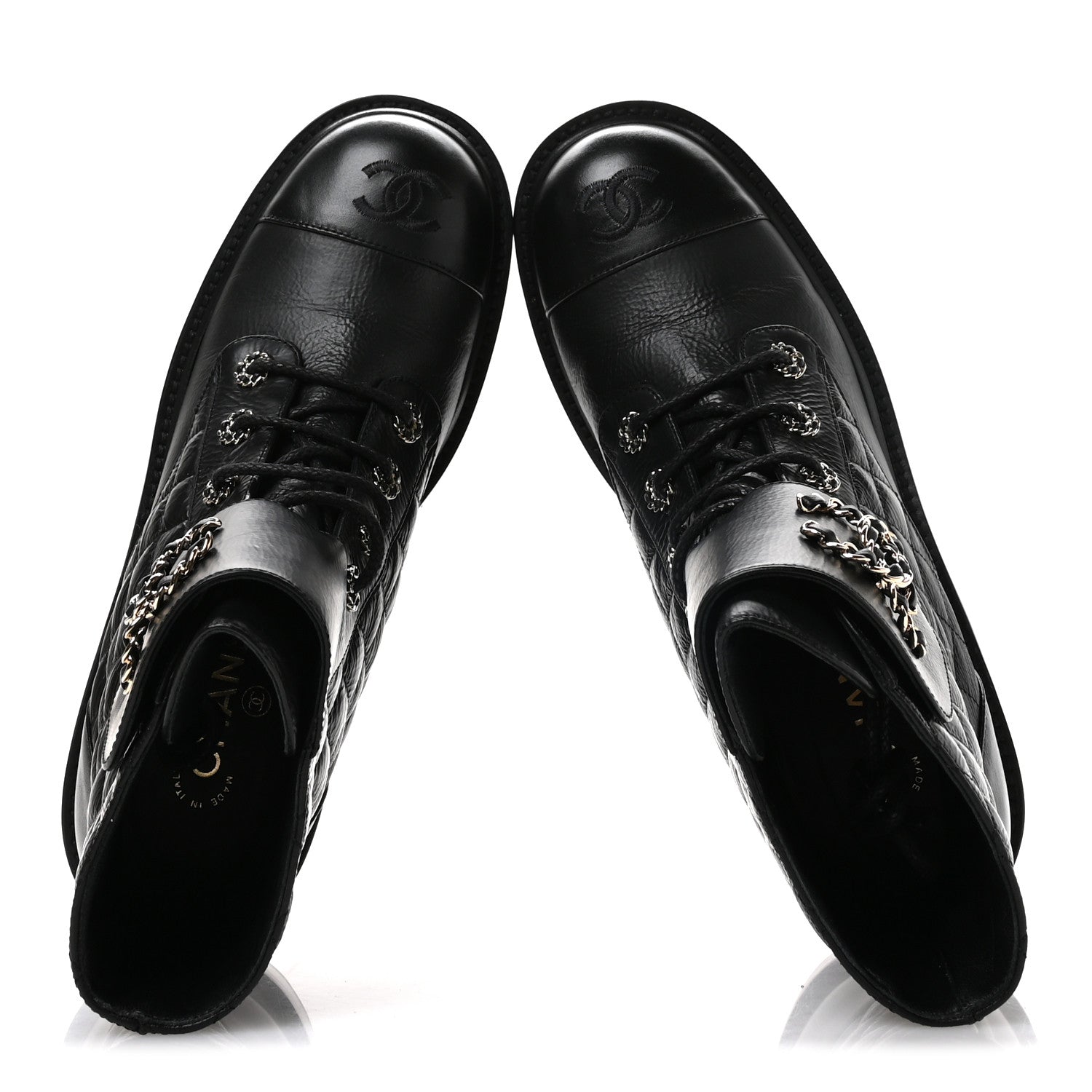 Chanel Shiny Goatskin Calfskin Quilted Lace Up Combat Boots 40.5 Black 2 of 7