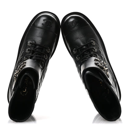 Chanel Shiny Goatskin Calfskin Quilted Lace Up Combat Boots 40.5 Black 2 of 7