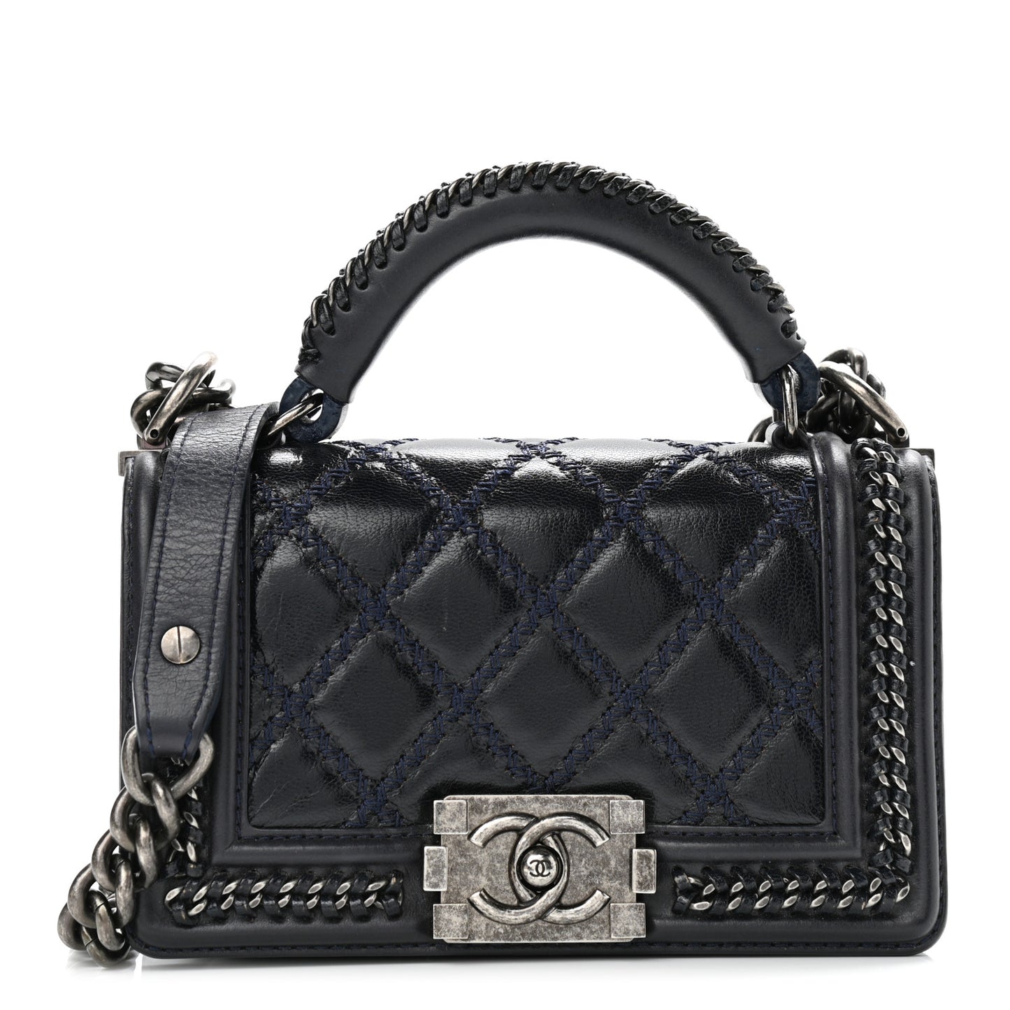 Shiny Goatskin Quilted Small Boy Top Handle Flap Navy Blue