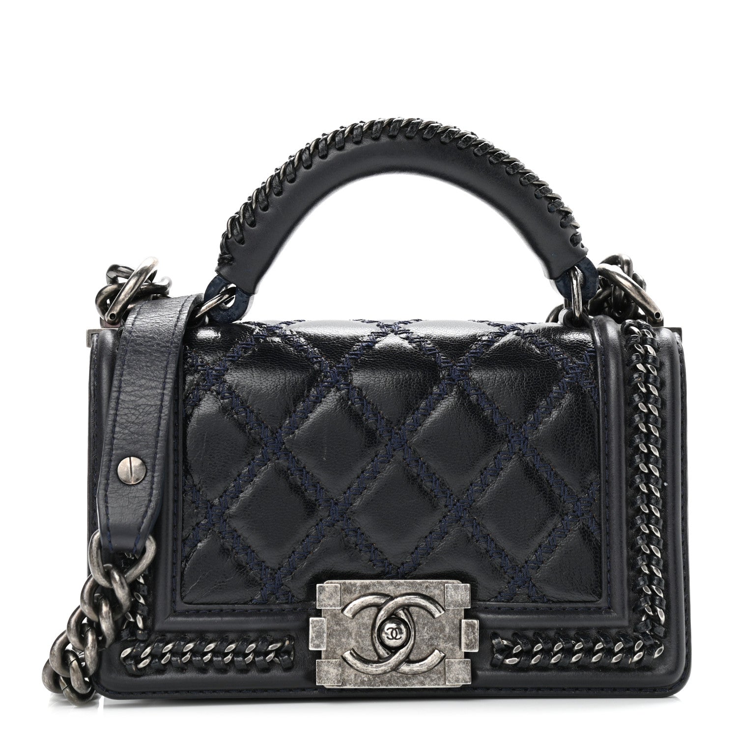 Chanel Shiny Goatskin Quilted Small Boy Top Handle Flap Navy Blue 1 of 14