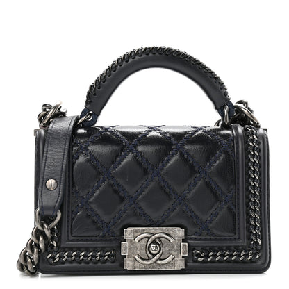 Chanel Shiny Goatskin Quilted Small Boy Top Handle Flap Navy Blue 1 of 14
