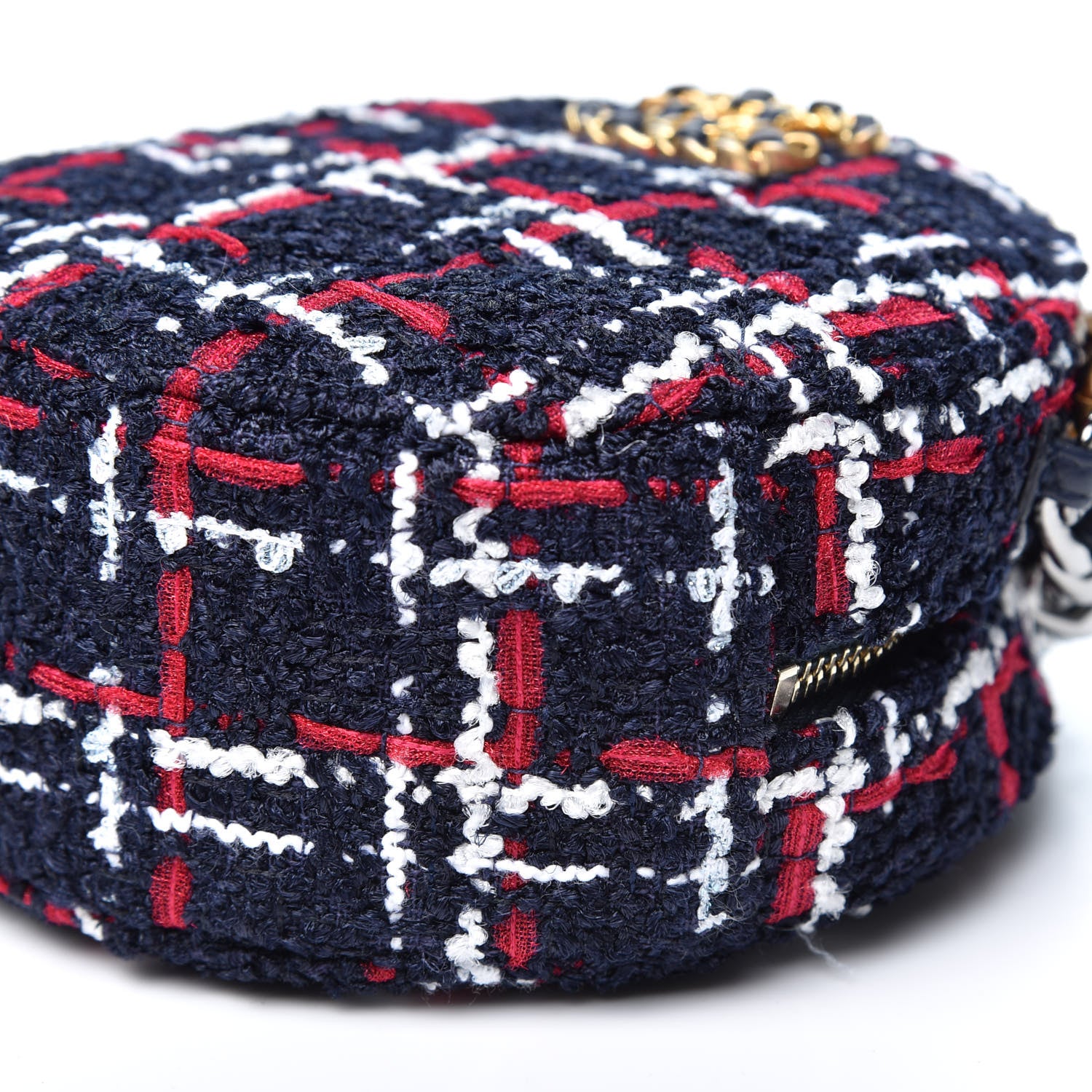 Chanel Tweed Quilted Chanel 19 Round Clutch With Chain Blue White Red 6 of 9
