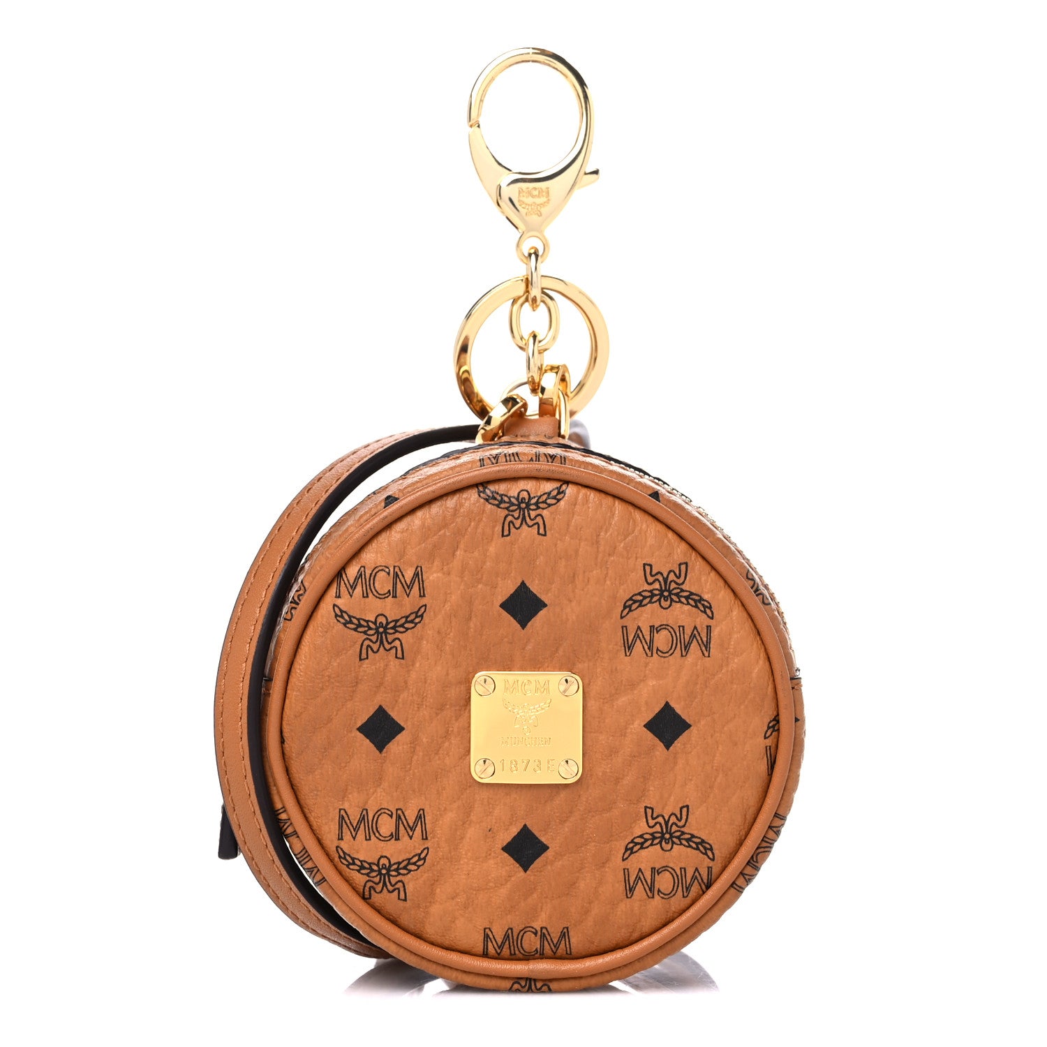 MCM Visetos Round Coin Pouch Key Ring Bag Charm Cognac 1 of 8