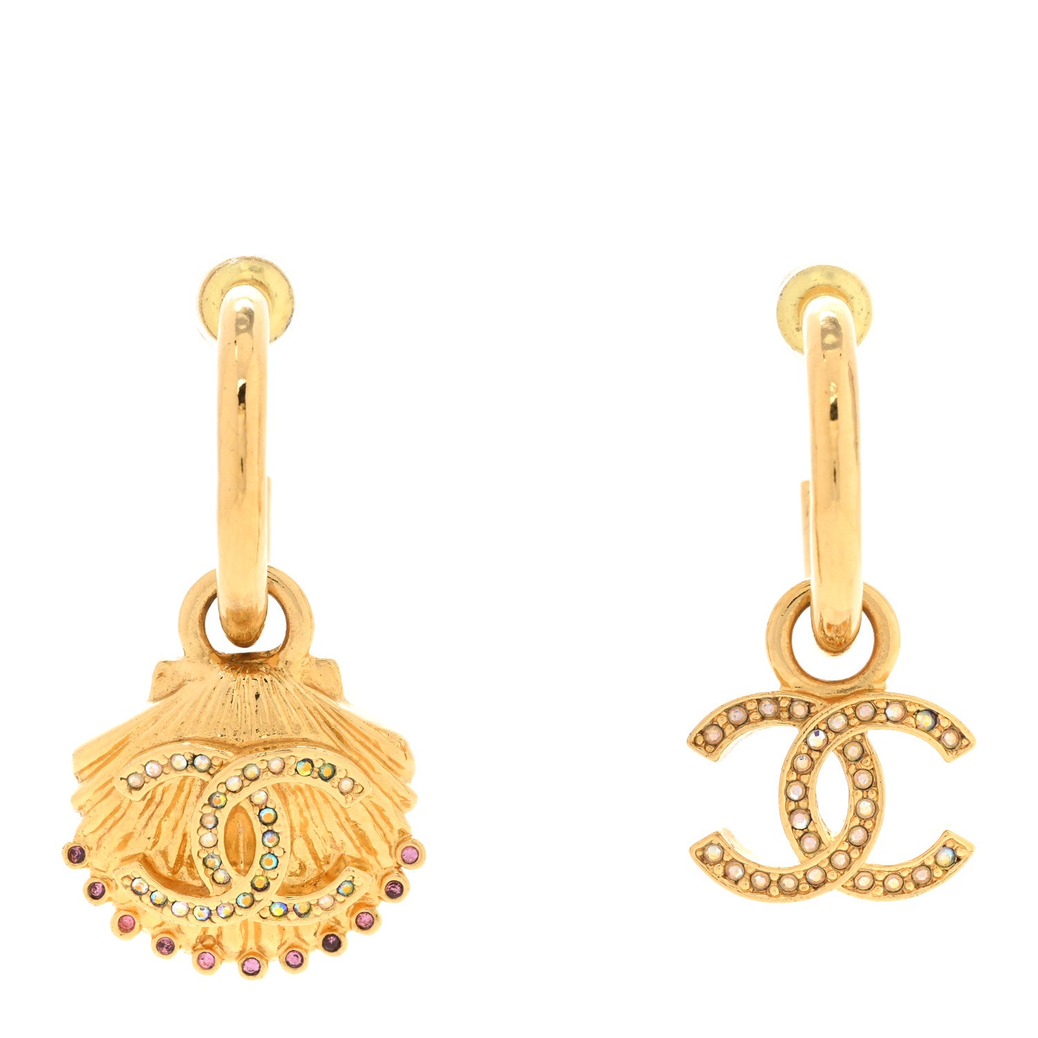 Chanel Metal CC Crystal Seashell Drop Earrings Gold 1 of 5