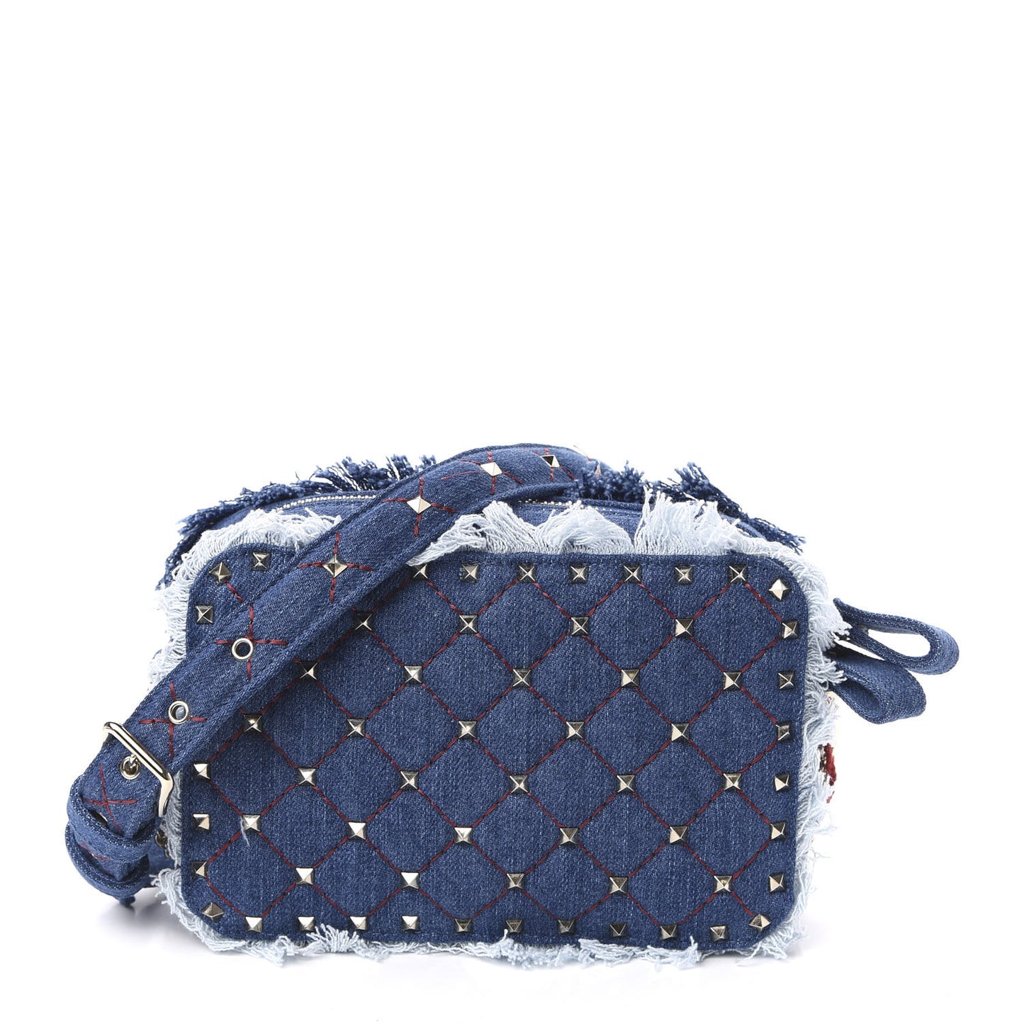 Denim Fringe Rockstud Spike Camera Crossbody Bag Blue