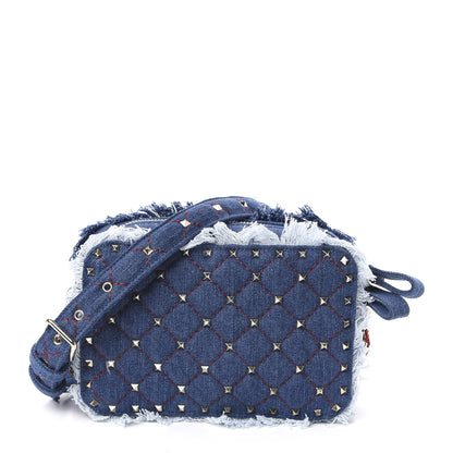 Valentino Garavani Denim Fringe Rockstud Spike Camera Crossbody Bag Blue 1 of 9