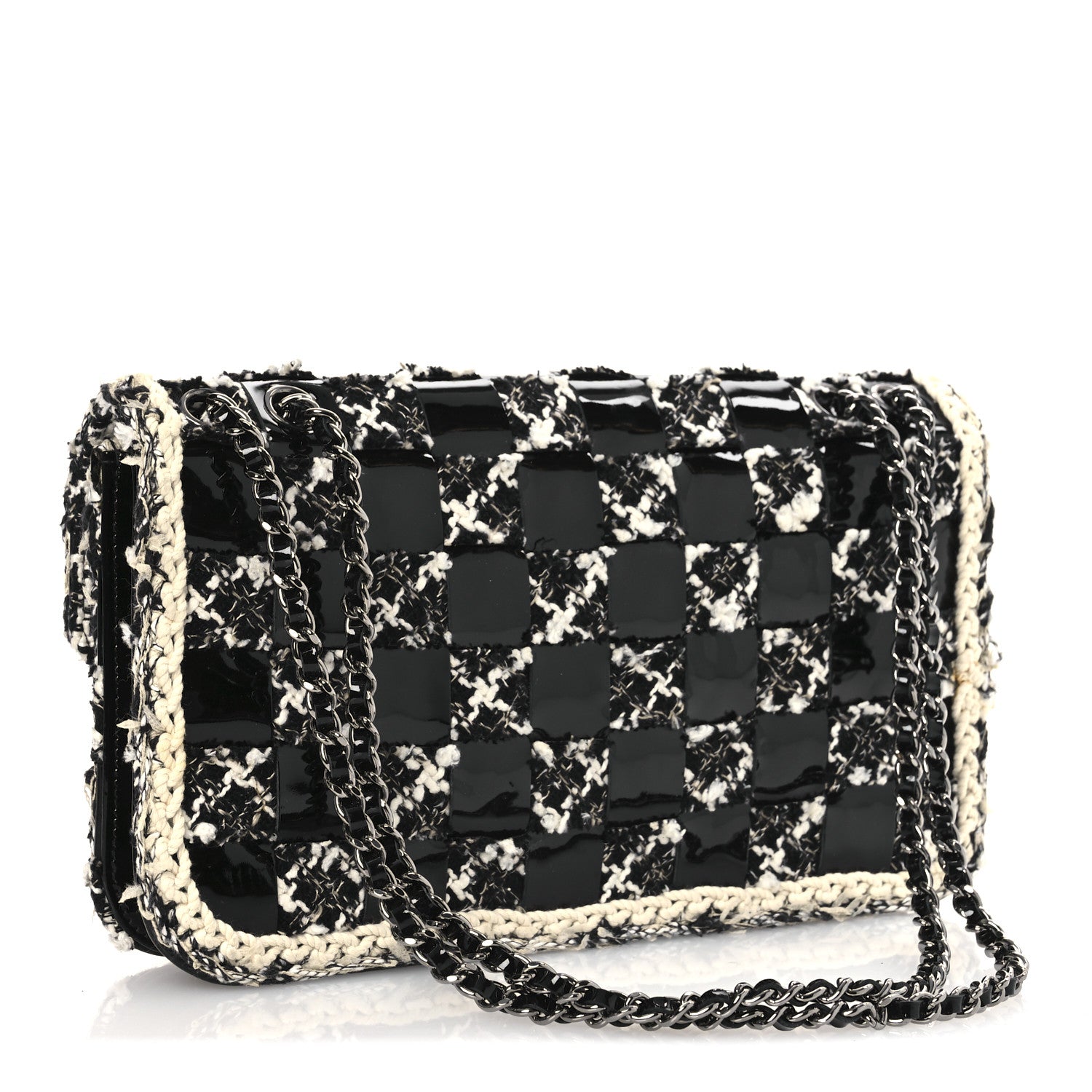 Chanel Tweed Patent Quilted Rectangular Flap Black White 3 of 10
