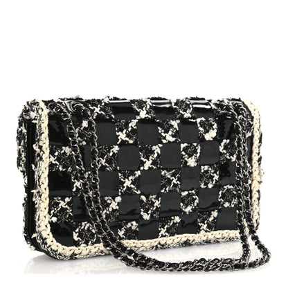Chanel Tweed Patent Quilted Rectangular Flap Black White 3 of 10