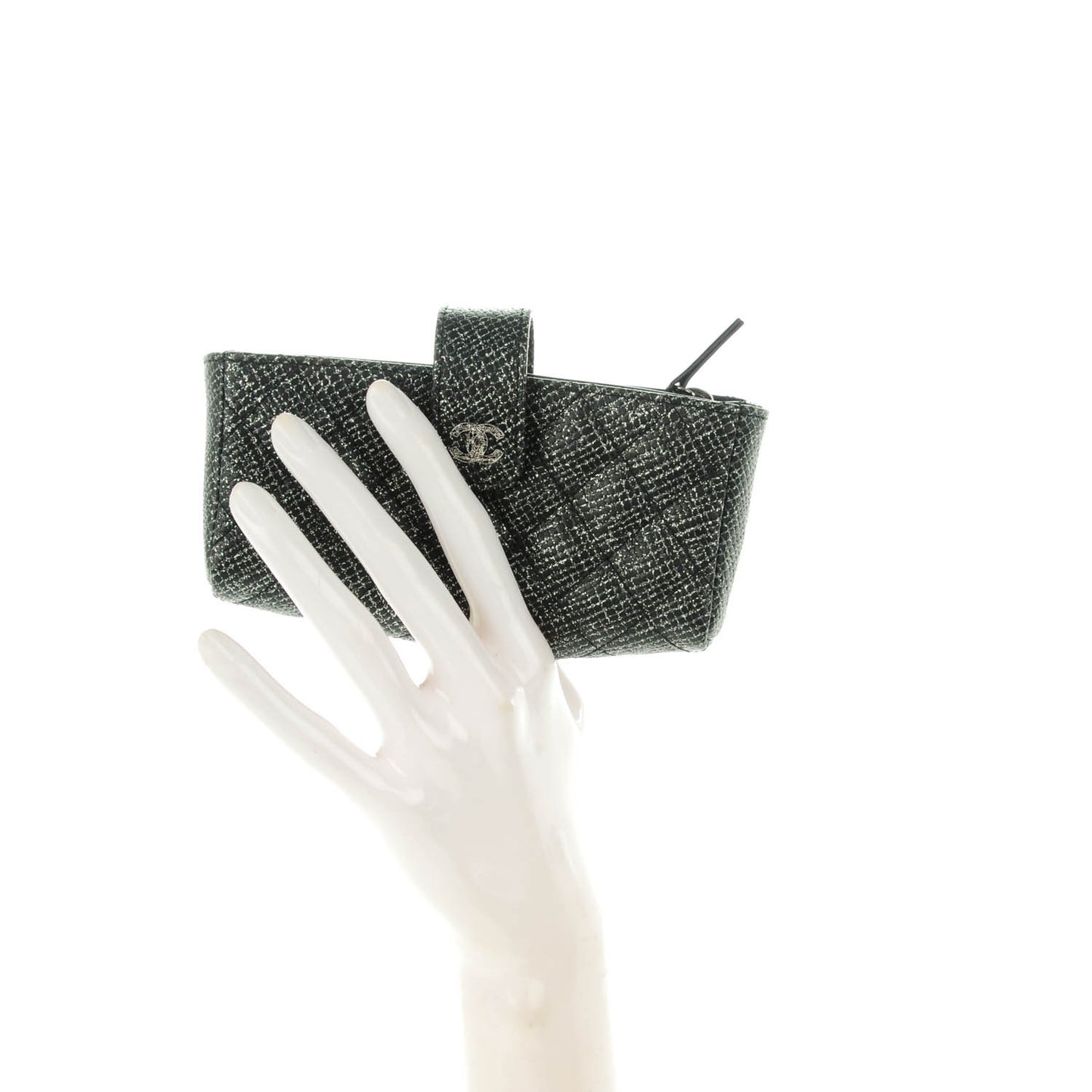Glittered Calfskin Quilted Mini Phone Holder Clutch Black