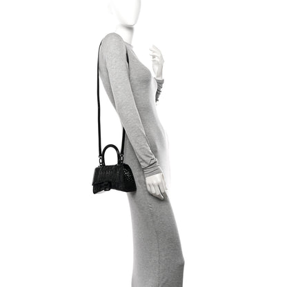Balenciaga Shiny Calfskin Monochrome Crocodile Embossed Hourglass Top Handle Bag XS Black 2 of 11