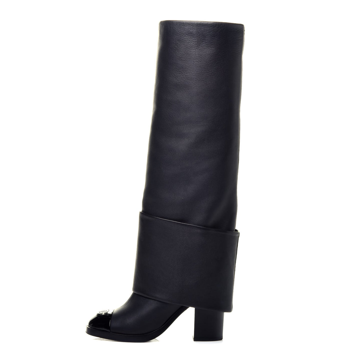 Calfskin Patent Calfskin CC Cap Toe Fold Over High Boots 36.5 Black