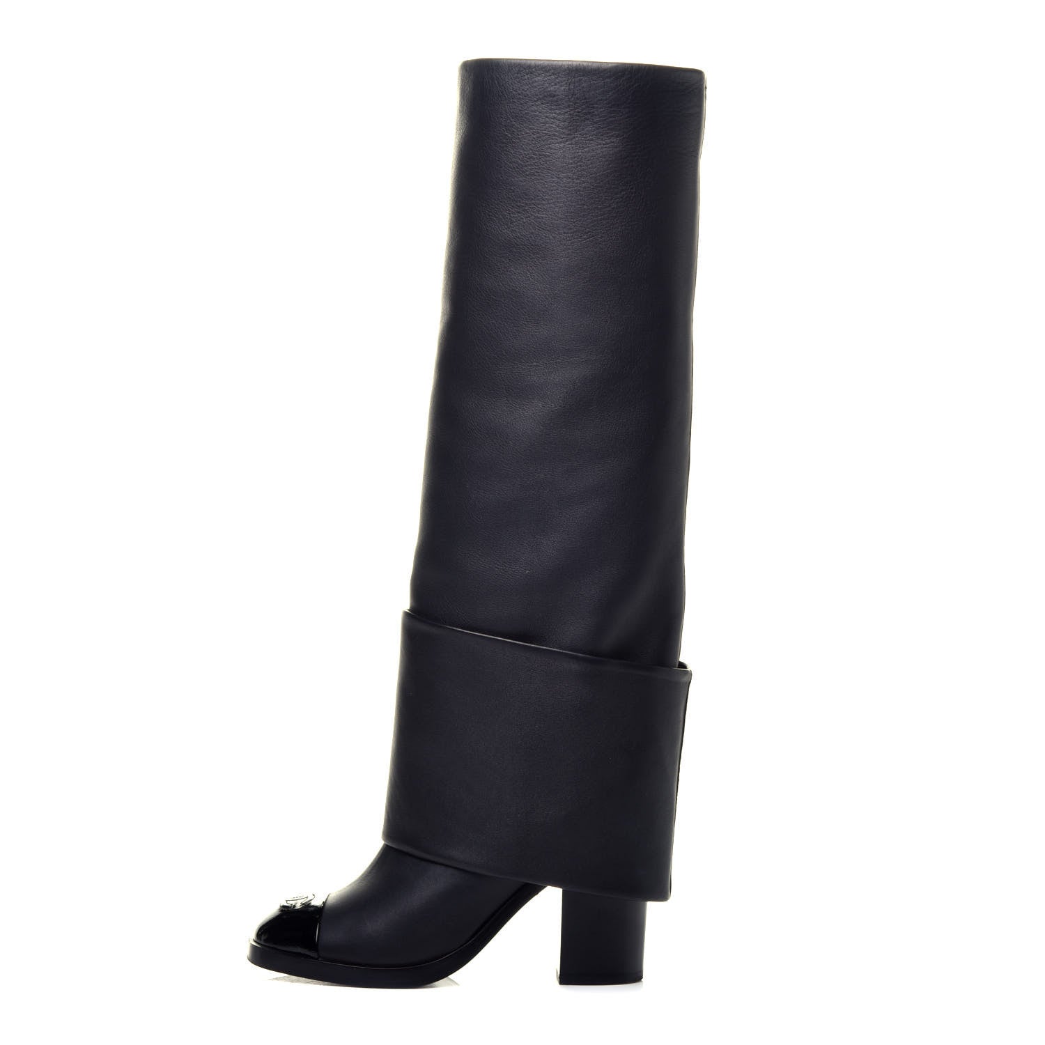 Chanel Calfskin Patent Calfskin CC Cap Toe Fold Over High Boots 36.5 Black 1 of 7