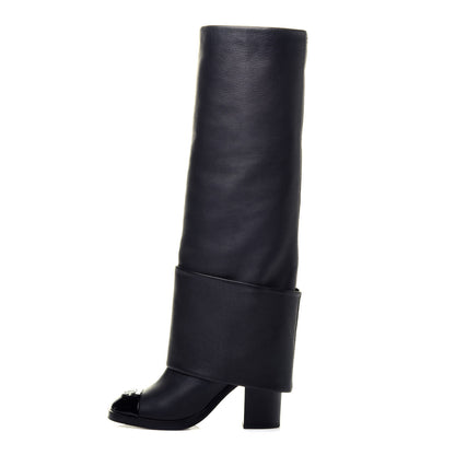 Chanel Calfskin Patent Calfskin CC Cap Toe Fold Over High Boots 36.5 Black 1 of 7