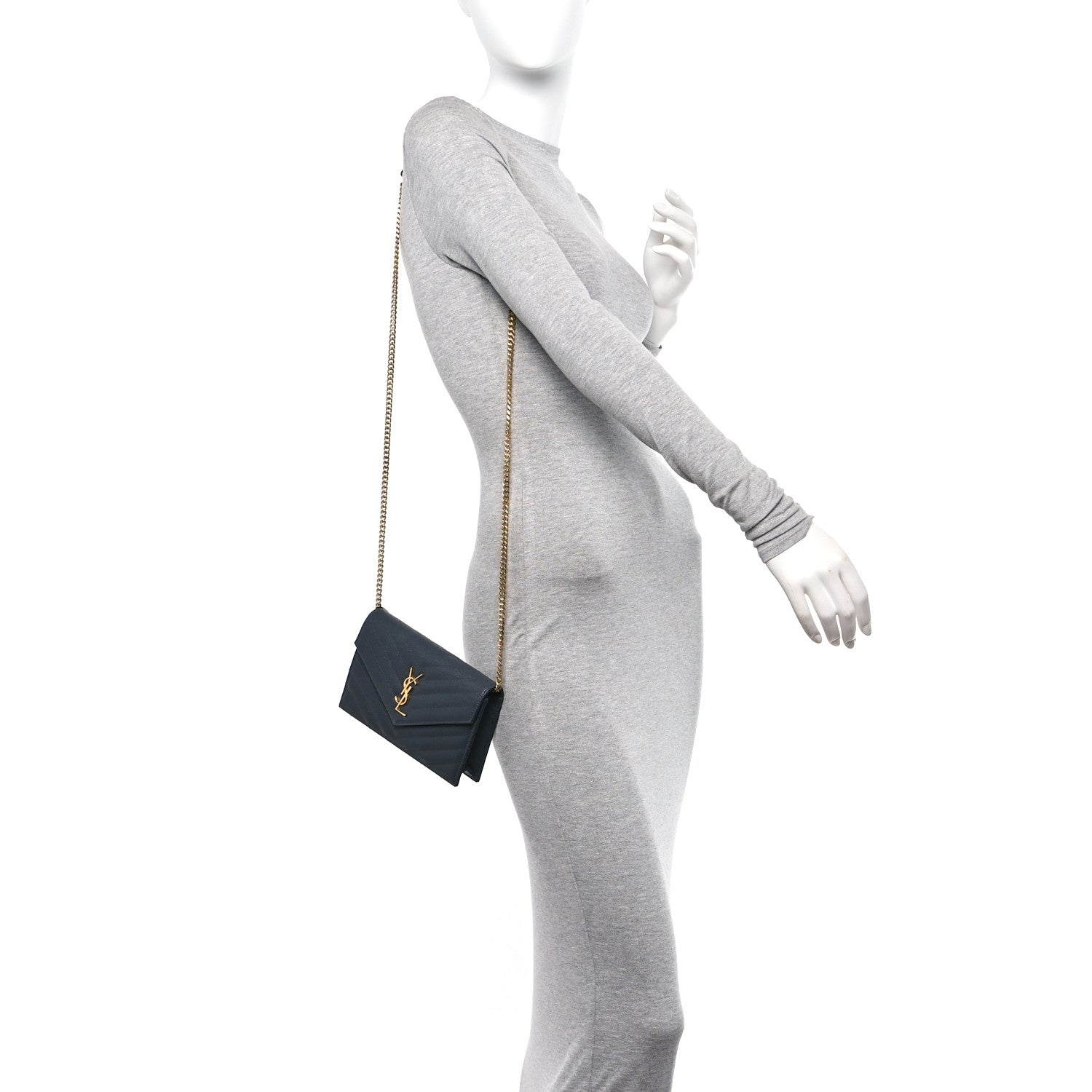 Saint Laurent Grain De Poudre Matelasse Chevron Monogram Chain Wallet Storm 2 of 11