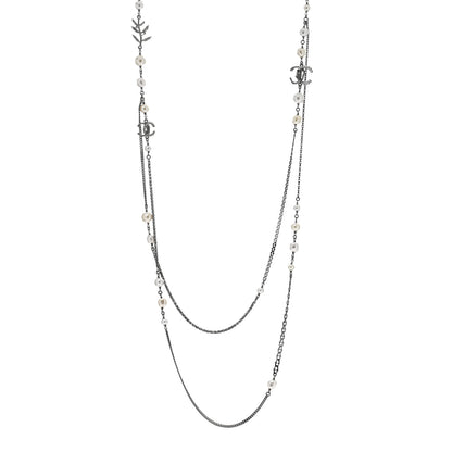 Chanel Pearl Crystal CC Leaf Long Necklace Silver 1 of 5
