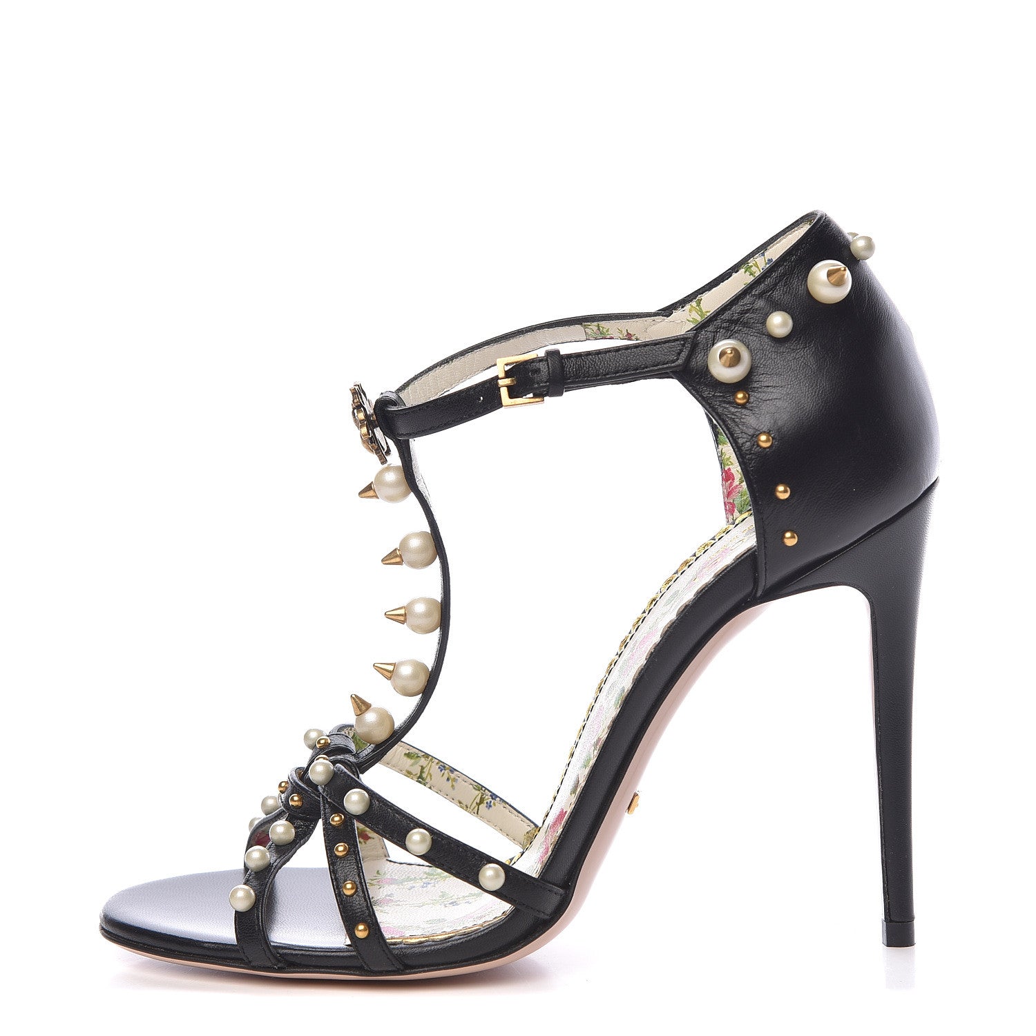 Gucci Malaga Kid Pearl Studded Regina T-Strap High Heel Sandals 38 Black 1 of 8