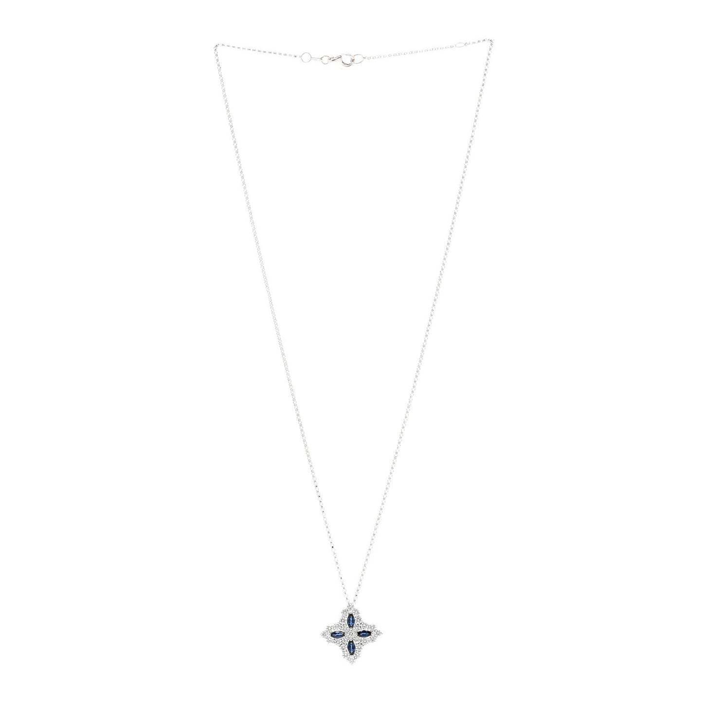 18K White Gold Diamond Blue Sapphire Large Princess Flower Pendant Necklace