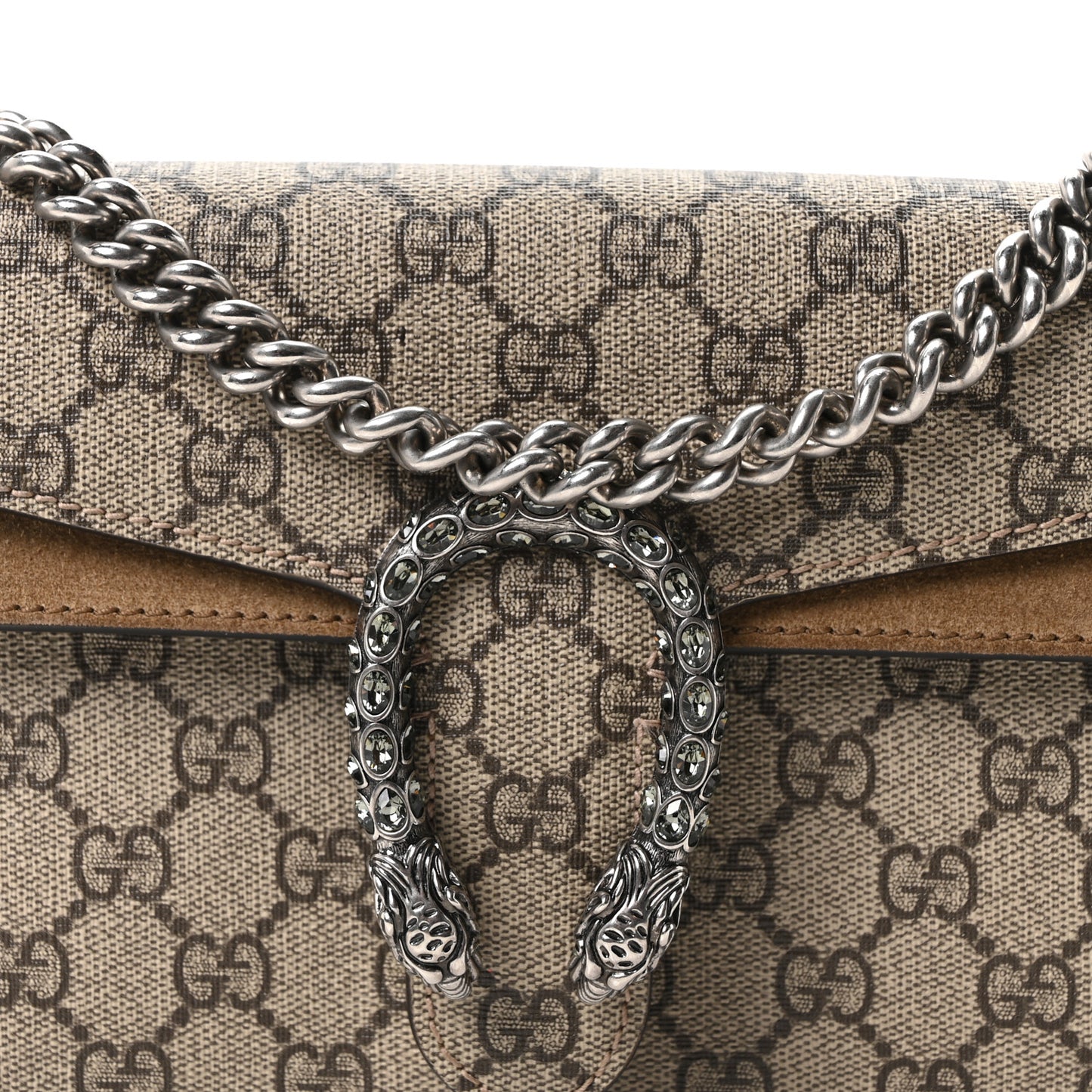 GG Supreme Monogram Suede Crystal Small Dionysus Shoulder Bag Beige Ebony Taupe