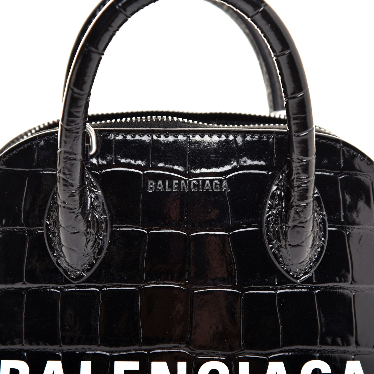 Shiny Calfskin Logo Crocodile Embossed XXS Ville Top Handle Bag Black White