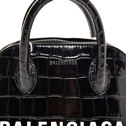 Balenciaga Shiny Calfskin Logo Crocodile Embossed XXS Ville Top Handle Bag Black White 9 of 10