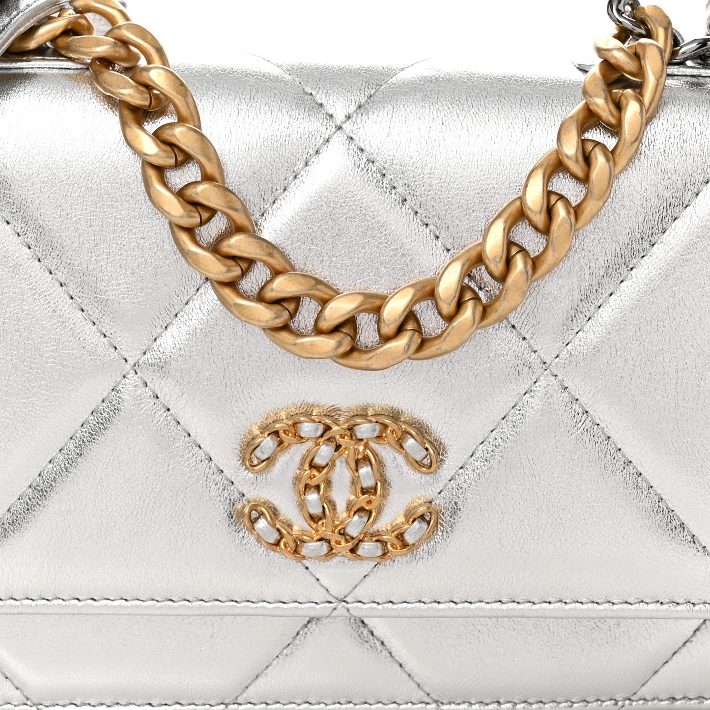 Metallic Lambskin Quilted Chanel 19 Wallet On Chain WOC Silver