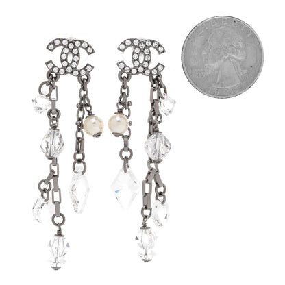 Chanel Glass Pearl Strass Crystal CC Chain Drop Earrings Silver 2 of 5