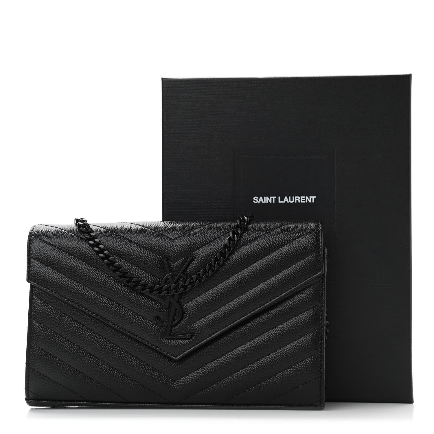 Saint Laurent Grain De Poudre Matelasse Chevron Monogram Chain Wallet Black 9 of 9