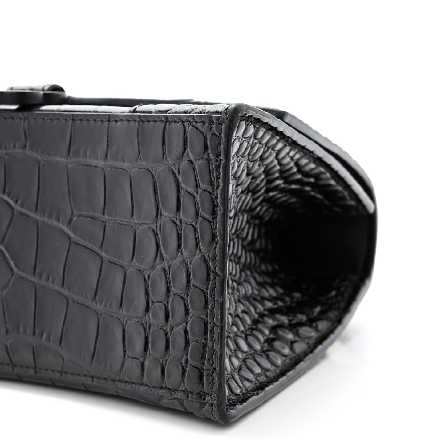 Shiny Calfskin Monochrome Crocodile Embossed Small Hourglass Top Handle Bag Black