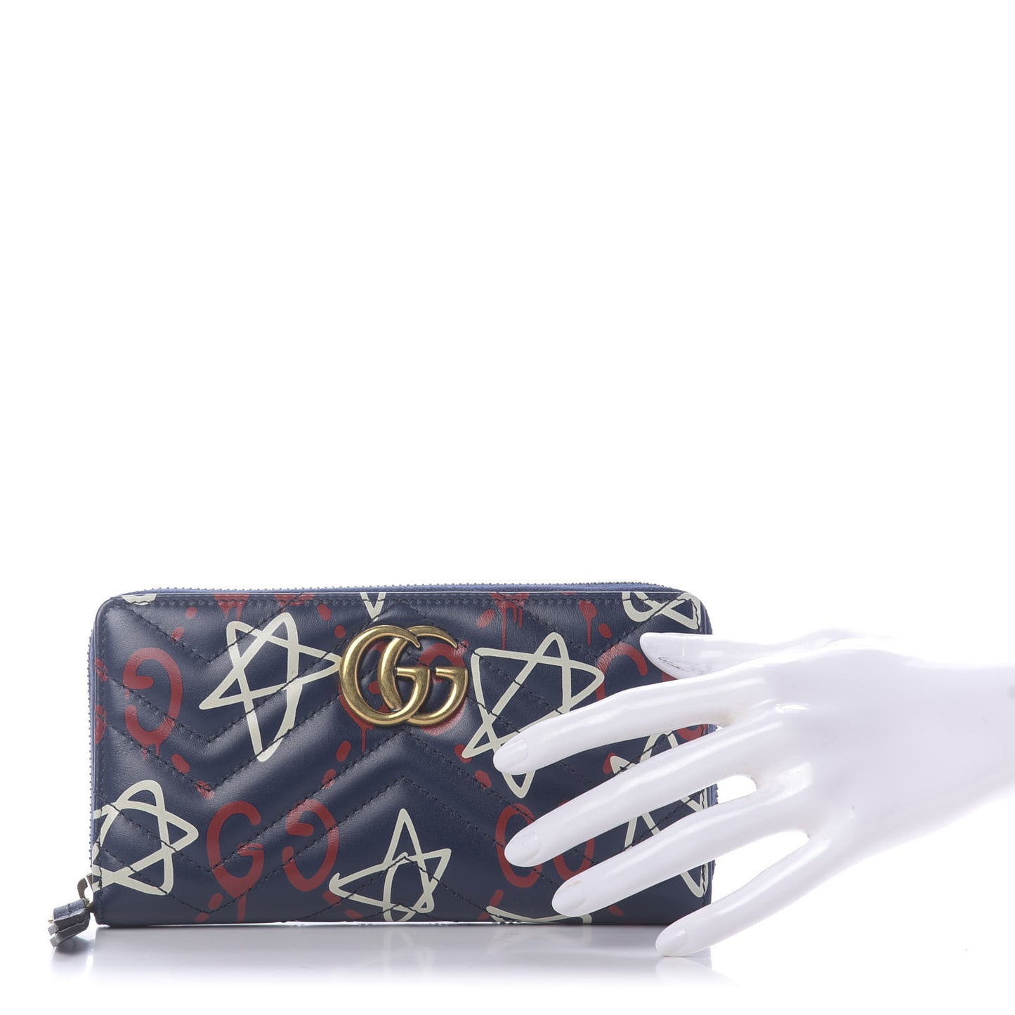 Calfskin Matelasse GucciGhost GG Marmont Zip Around Wallet Blue Agata Hibiscus Red