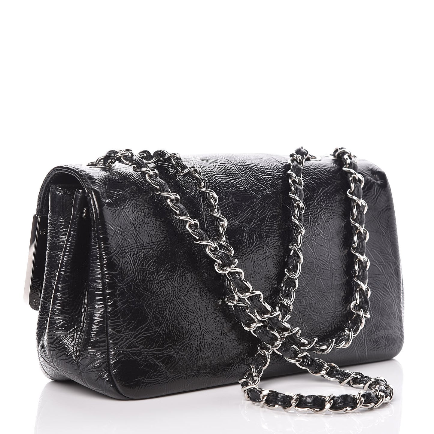 Distressed Patent Calfskin Small Frame Single Flap Black