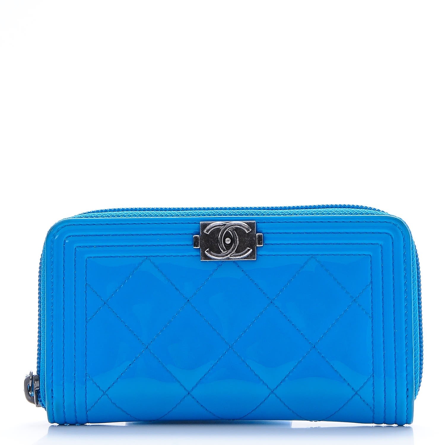 Chanel Patent Quilted Small Boy Zip Around Wallet Blue 1 of 9