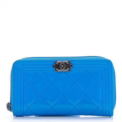 Chanel Patent Quilted Small Boy Zip Around Wallet Blue 1 of 9